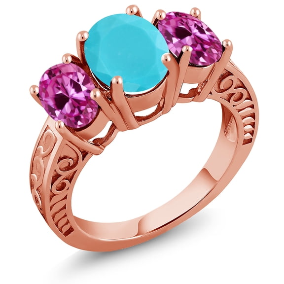 Gem Stone King 3.30 Ct Green Turquoise Pink Created Sapphire 18K Rose Gold Plated Silver Ring (Size 6)