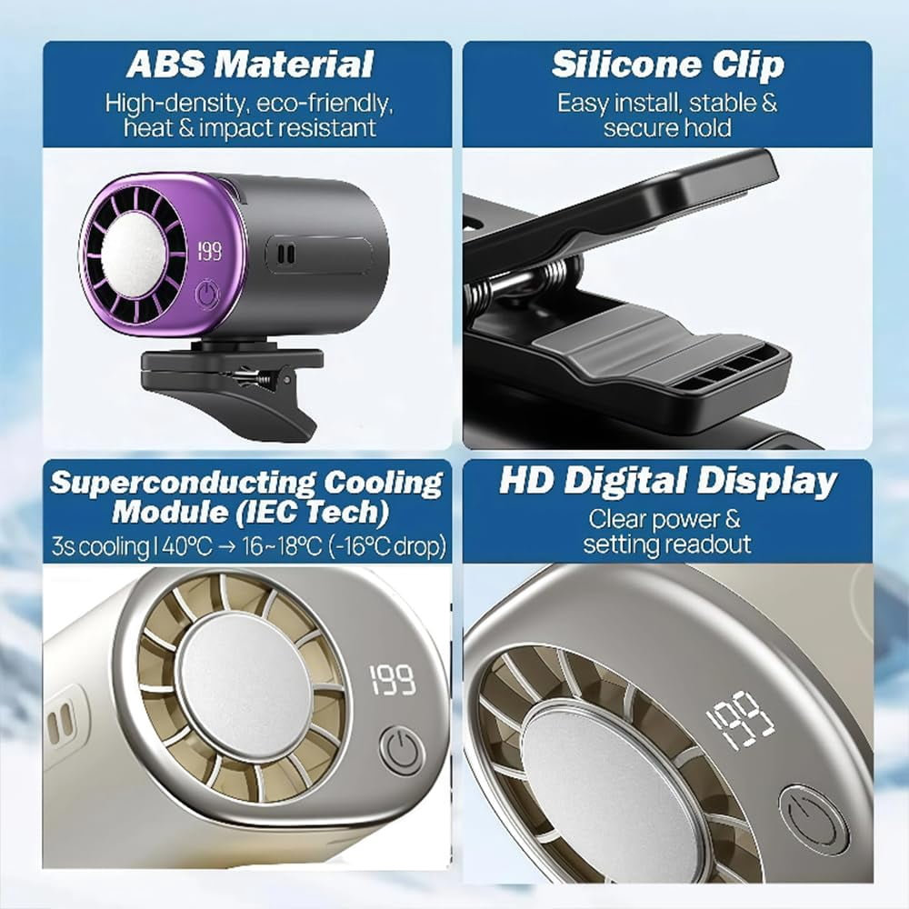 Car Clip on Air Conditioner Fan – USB rechargeable fan with powerful semiconductor cooling, lightweight and portable for cars, beaches, or umbrellas.