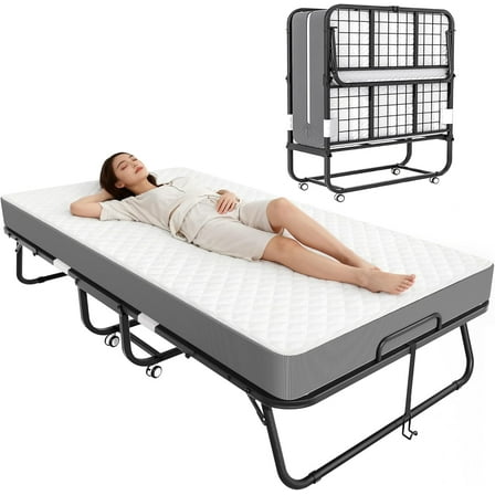 SUNCROWN Folding Bed with Mattress, 75" x 31"Portable Foldable with 5" Thick Foam Frame Roll Away Beds, Single Cot Folded Bed for AdultsStudents, Small Apartment, Camping