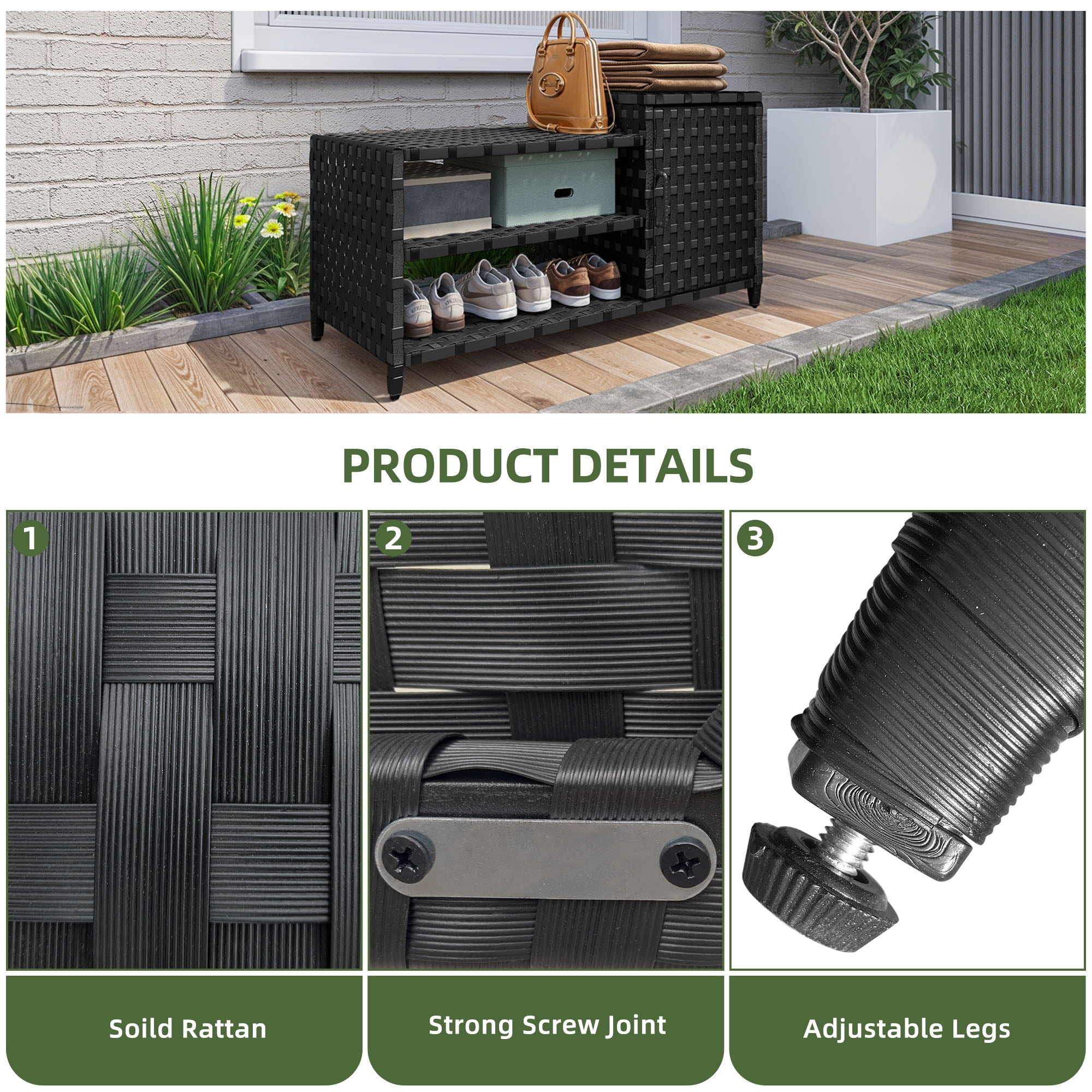 Uforic Woven Outdoor Pool Storage, Shoe Cabinet with Bench, Multi-Layer Storage - Durable PE Rattan Storage for Garden, Poolside, or Patio (Black)