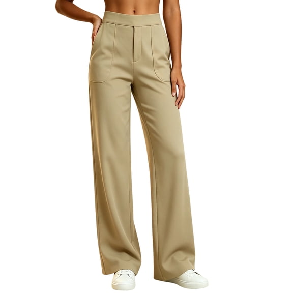 Htigea Women's Straight Leg Work Pants Summer Half Elastic Waisted Business Office Pant with Pockets Khaki S