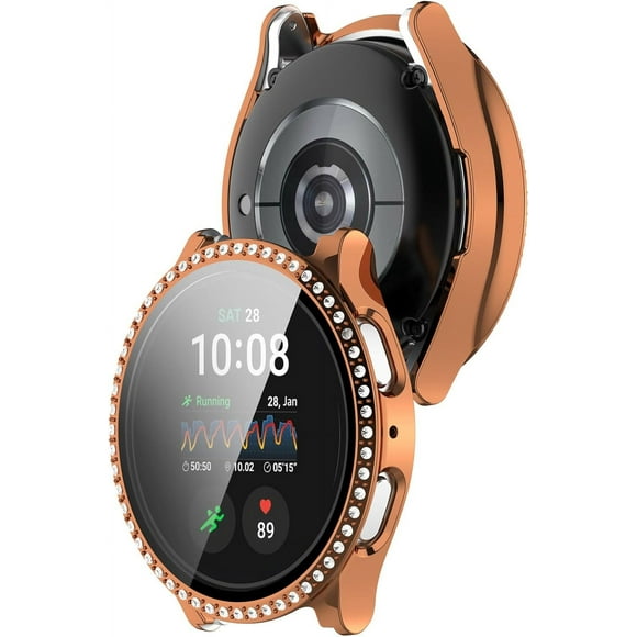 KOMI Screen Protector Intended for Samsung Galaxy Watch 7 40mm 44mm Bling Case Women Diamond Rhinestone Hard PC Rugged Bumper with Tempered Glass Accessories (Pink&RoseGold, 40mm)