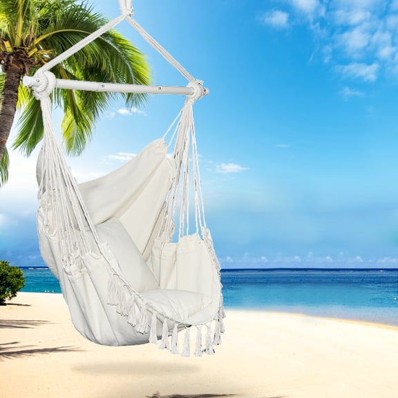 Hanging Chair Swing, Large Hanging Rope Chair with 2 Seat Cushions, Bohemian Indoor Swing Chair, Comfort Hanging Chairs for Bedrooms, Home, Patio, Yard, Deck, Max Capacity 330 lbs Beige, JA1403