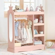Kids Dress Storage with Mirror, Kids Wardrobe with 3 Hooks, Kids Closet for Girls Boys, Open Hanging Armoire Costume Organizer for Bedroom, Classroom, Preschool, Pink