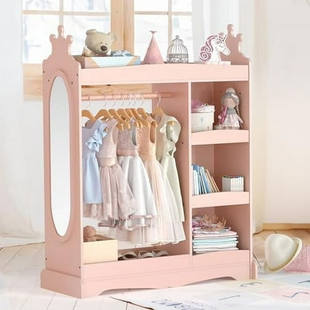 Kids Dress Storage with Mirror, Kids Wardrobe with 3 Hooks, Kids Closet for Girls Boys, Open Hanging Armoire Costume Organizer for Bedroom, Classroom, Preschool, Pink