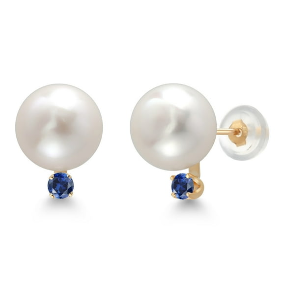 Gem Stone King 14K Yellow Gold Cultured Freshwater Pearls and Blue Created Sapphire Stud Earrings for Women (Pearl: 6.5MM, Sapphire: 0.10 Cttw, Round 2.5MM)