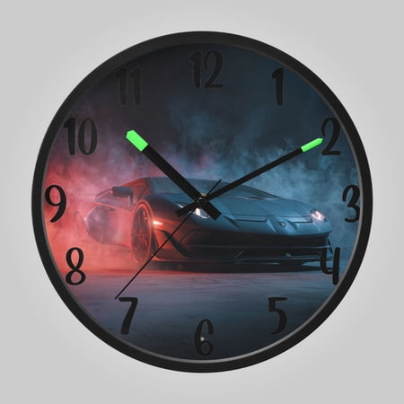 RMDQTR 12 Inch Sound-Activated LED Night Light Wall Clock Silent Sweep Movement Acrylic Face Battery-Operated for Bedroom/Living Room/School// Hyper-realistic Black Racing Car