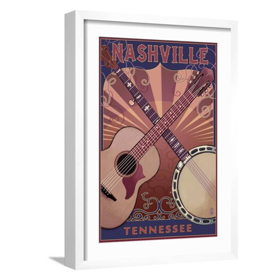 Art.com Nashville, Tennessee - Guitar and Banjo Music Art Print by Lantern Press, White Frame Wall Art, 17" x 23"