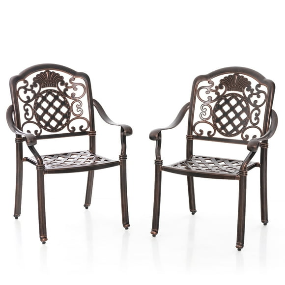 Costway 2 PCS Patio Cast Aluminum Chairs Outdoor Metal Armchairs with Ergonomic Curved Seat Red Copper