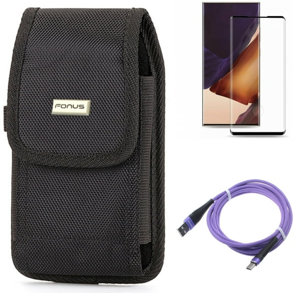 10ft USB Cable & Screen Protector & Case Belt Clip for Samsung Galaxy Note 20 Ultra (6.9") - Combo with Purple Type-C & Tempered Glass (Fingerprint Unlock) & Rugged Holster