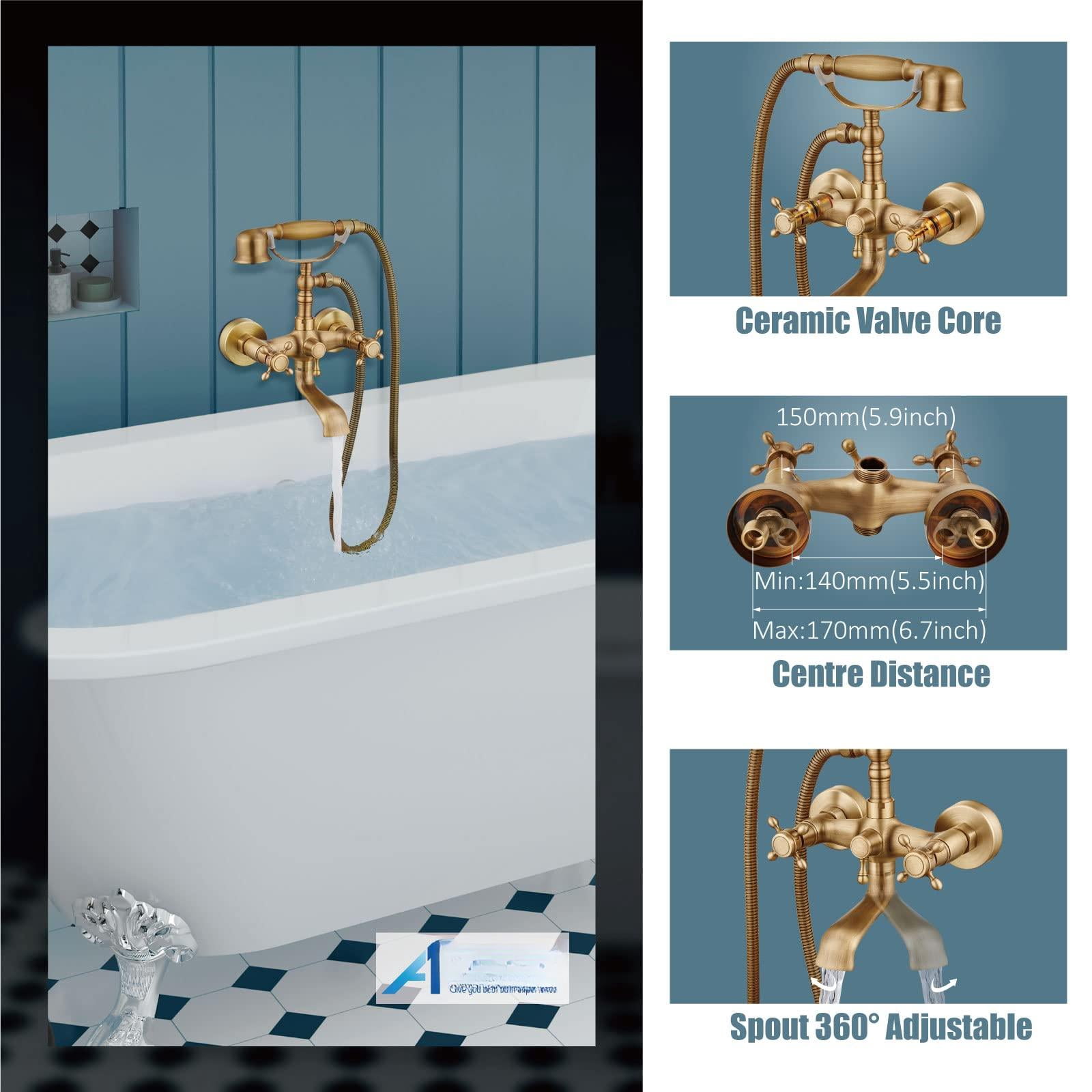 Wall Mount Bathtub Faucet Antique Brass Cross Handle with Handheld Sprayer