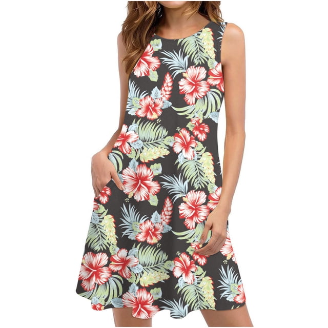 Fankiway Robes d'Été Femmes Plage Floral Sans Manches Robe d'Été Décontractée Poches Robe Bohème Robes d'Été pour Femmes Robes Sans Manches pour Femmes Grande Taille