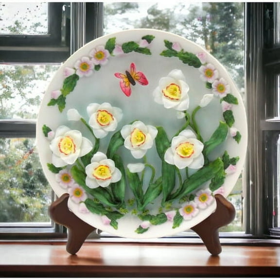 Kevins Gift Shoppe Butterfly with Narcissus Flowers Decor Plate and Stand