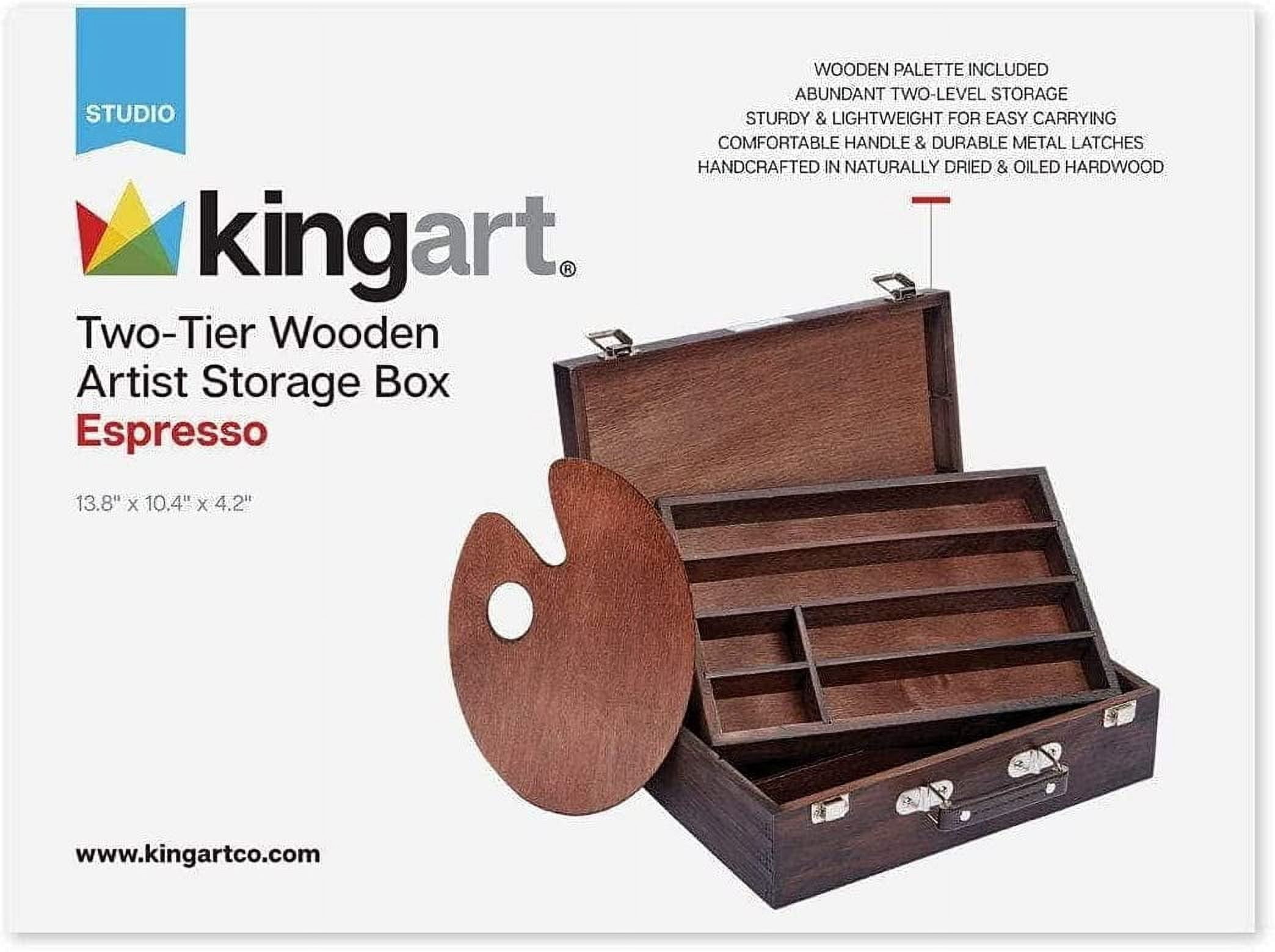 Wood Art Storage Box With Espresso Stain, 2-Tier Wood Case with 10 Dividers, Holds Markers, Paint, Brushes, Pencils, And More