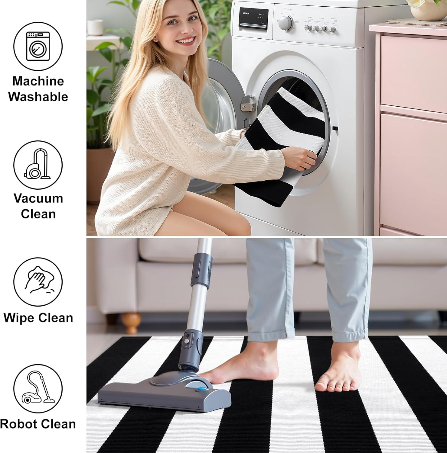 Voguly Black White Striped Rug 2'x 6', Washable Cotton, Indoor Outdoor Doormat for Front Door Entryway Kitchen Porch Patio, 24x36 Inch