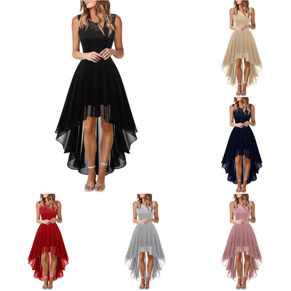 Wxolcjlv Lace High Low Dress for Women Sleeveless Round Neck Flared Hem Party Midi Gown