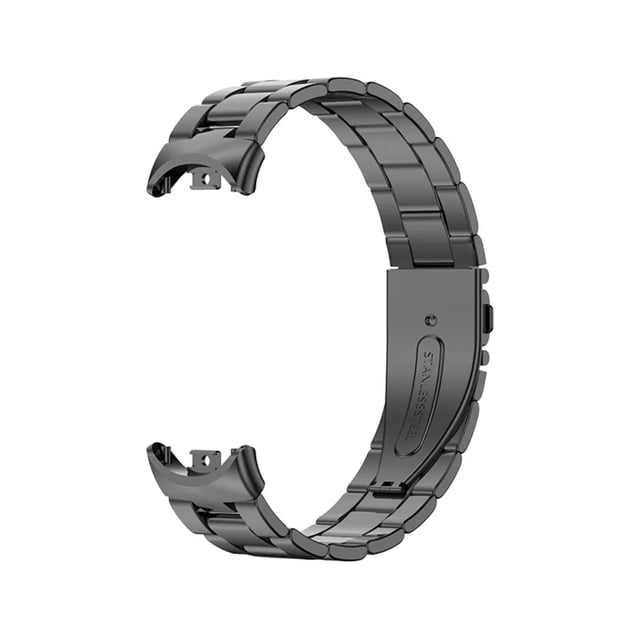 correa acero inox eslabones para xiaomi mi band 8/9/10 +1 mica Negra. Vista 3/4 frontal de la correa metálica de eslabones con adaptadores curvos para la cápsula Mi Band y cierre plegable marcado, acabado negro pulido, longitud aproximada 24 cm; adecuada para uso deportivo o diario.