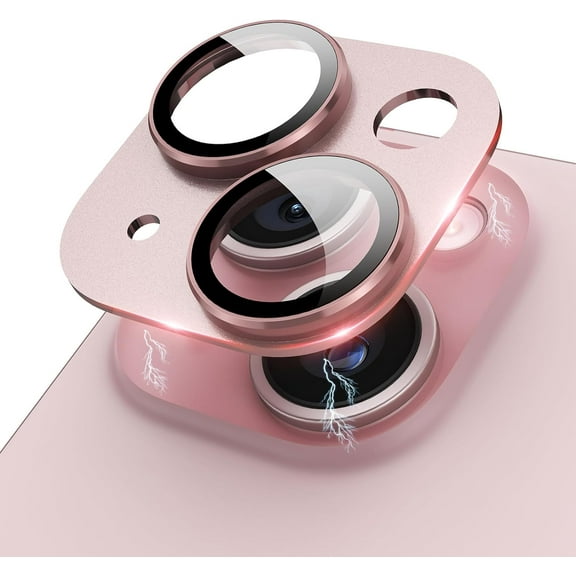 for iPhone 15 Plus/iPhone 15 Camera Lens Protector Metal Plus Aluminium Alloy Ring 9H Tempered Glass Screen Case Friendly Camera Cover for iPhone 15 Pink