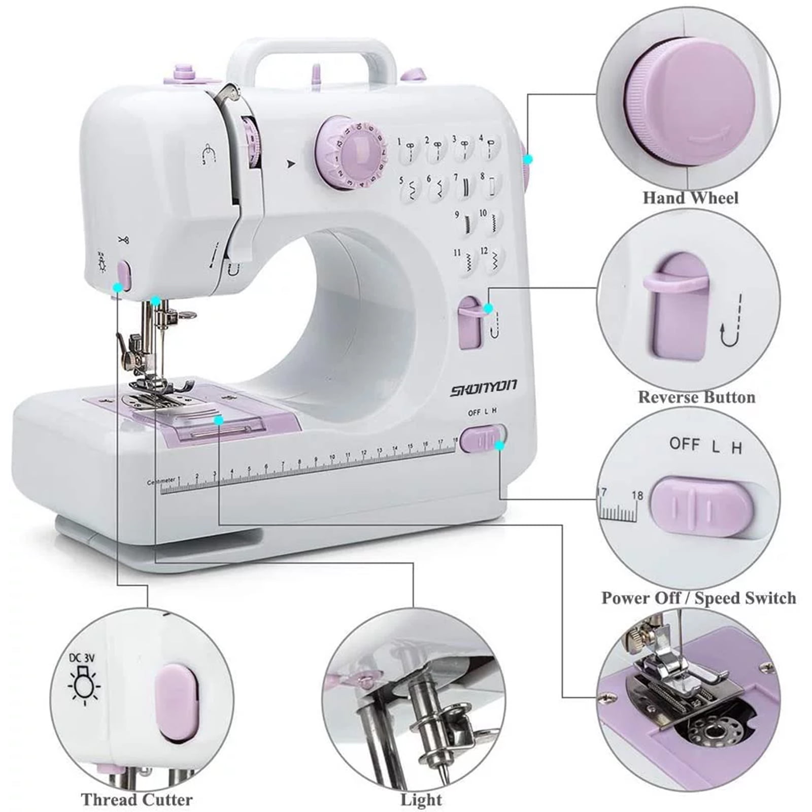 LANTRO JS Mini Handheld Sewing Machine, 12 Stitches, LED Sewing Lamp,  Double-Line Sewing, and More