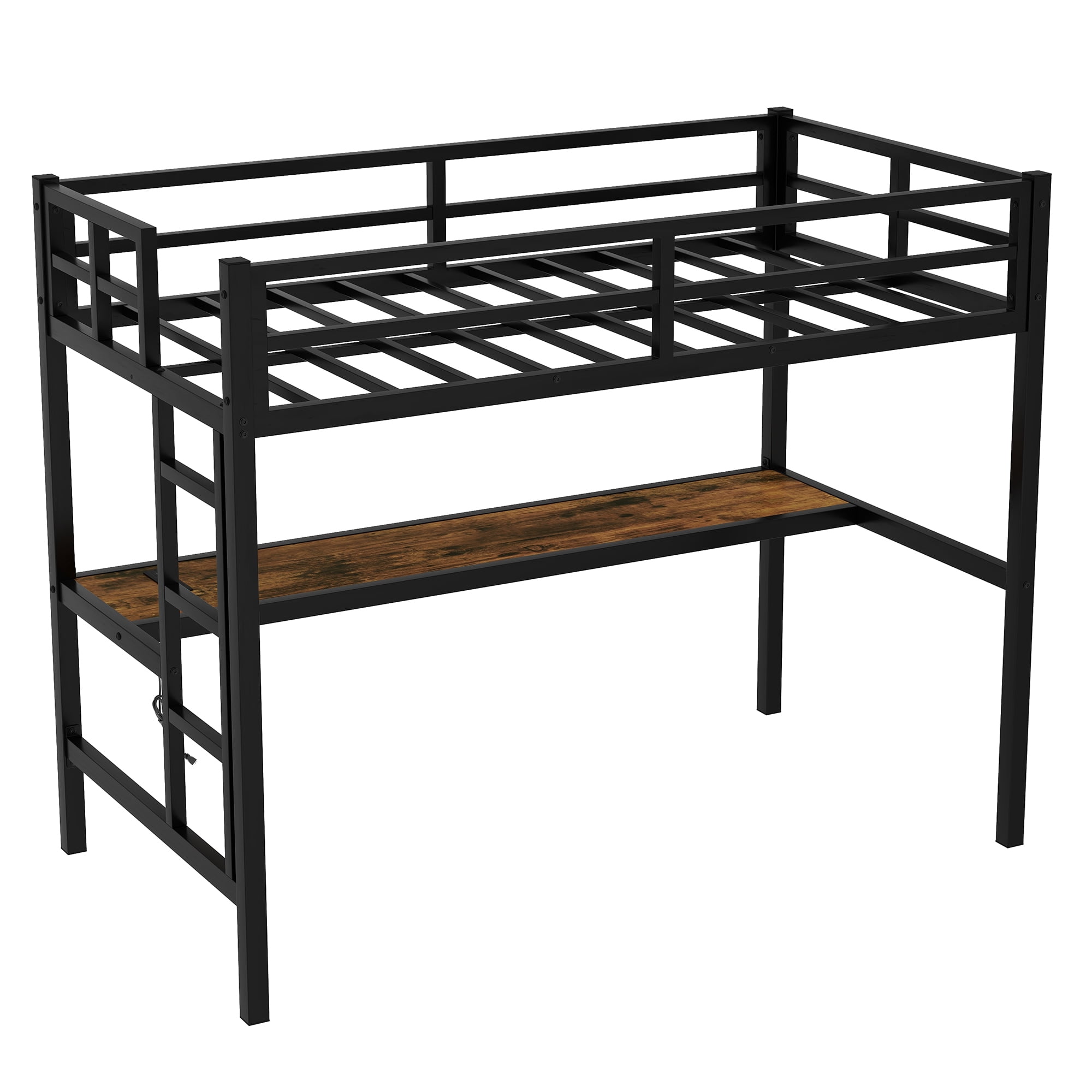 Aukfa Twin XL Metal Loft Bed with Desk, Charging Station and LED Lights for Kids, Space-Saving, Heavy Duty, Black