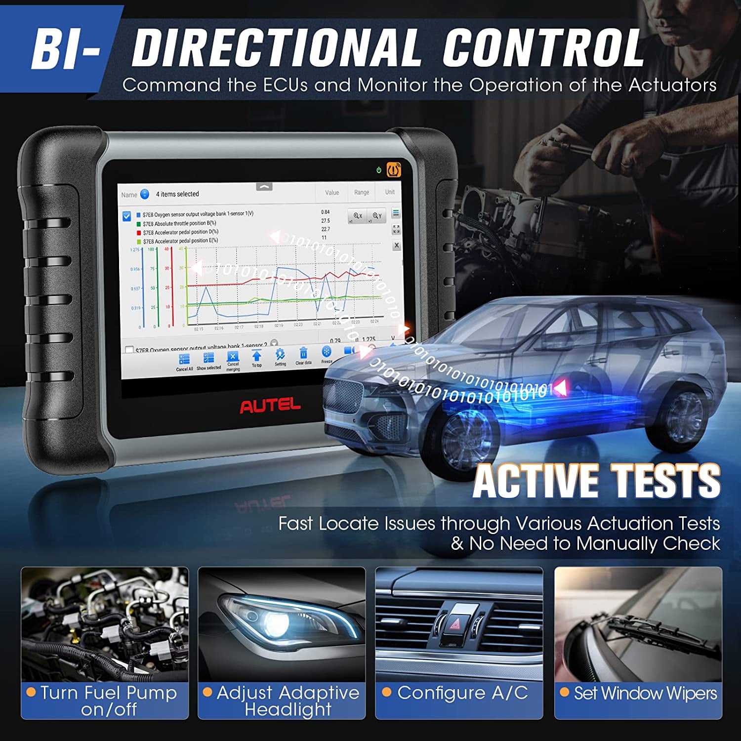 Autel Scanner MaxiPRO MP808S-TS Car Diagnostic Scanner Full TPMS Relearn Rest All-System Scan & FCA AutoAuth Bidirectional Control Scan Tool with 31+ Service