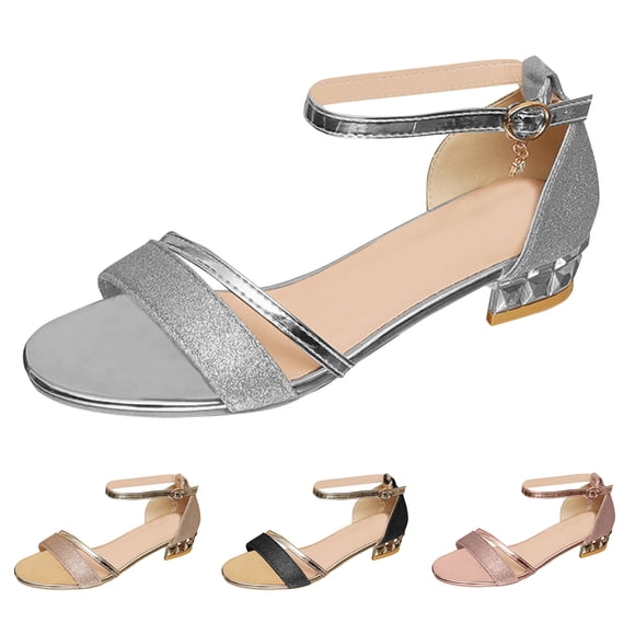 Chunky Block Heel for Women Open Toe Sandals Adjustable Ankle Strap Slip on Dancing Evening Party Dress Shoes Silver Size 9