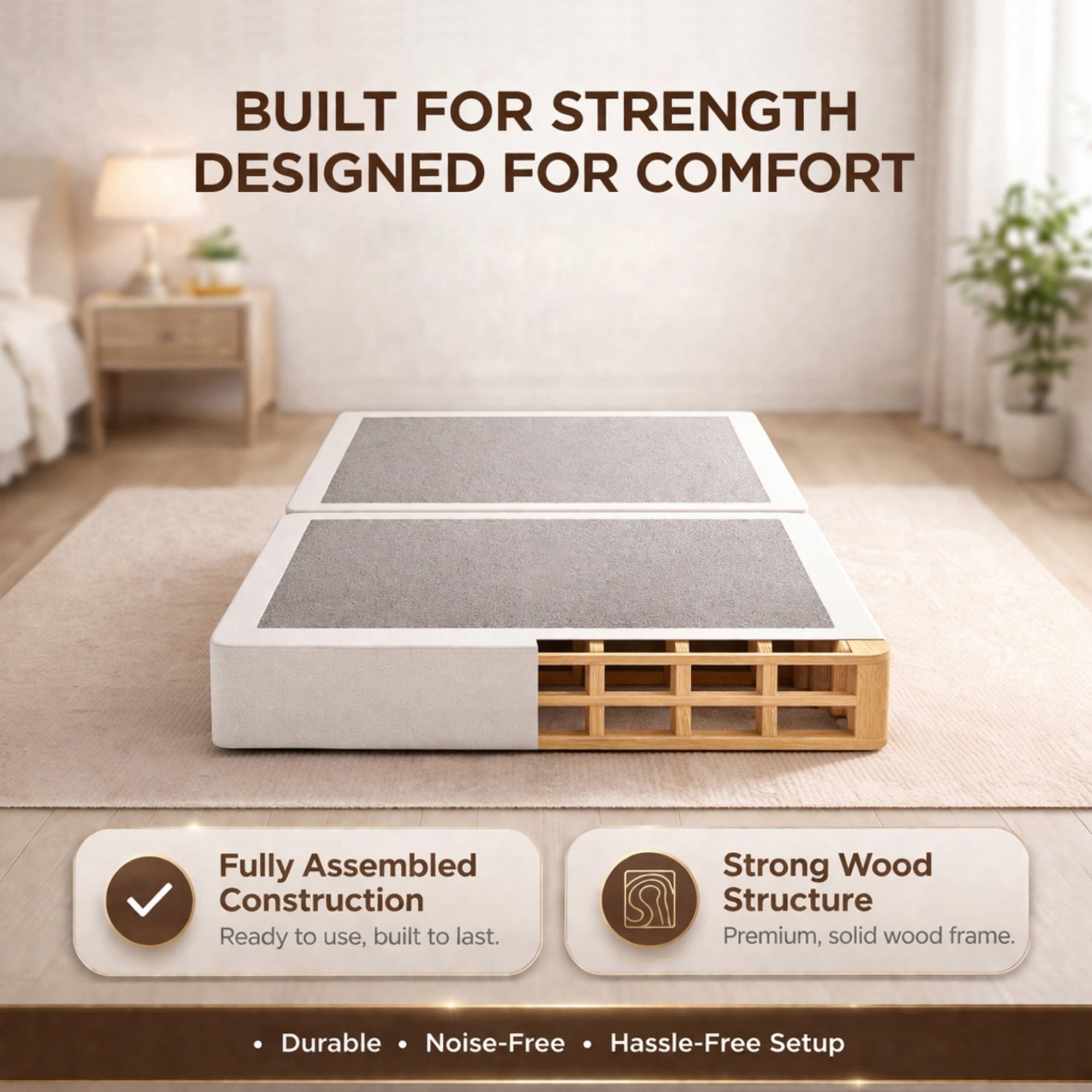 Continental Sleep, Box Spring Bed Base Twin Size, 4-Inch Wood Mattress Foundation, Quiet Noise Free, 2-Pieces Under Mattress Support BoxSpring, Fully Assembled, White