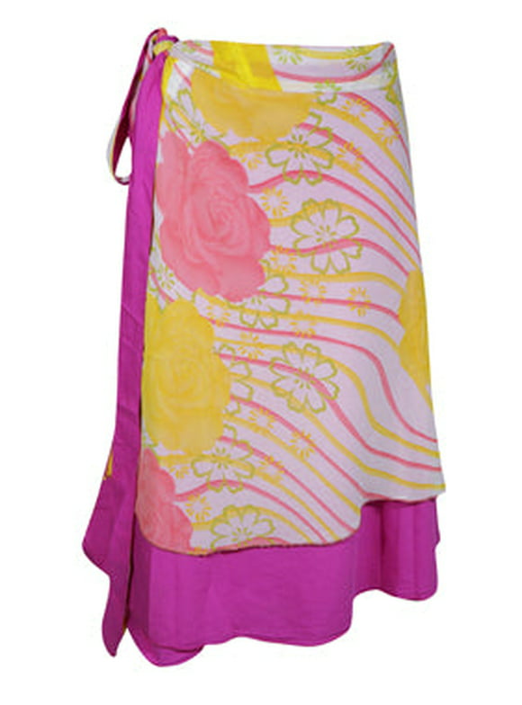 Mogul Womens Wrap Skirt, Pink White Floral Sari Skirt One Size
