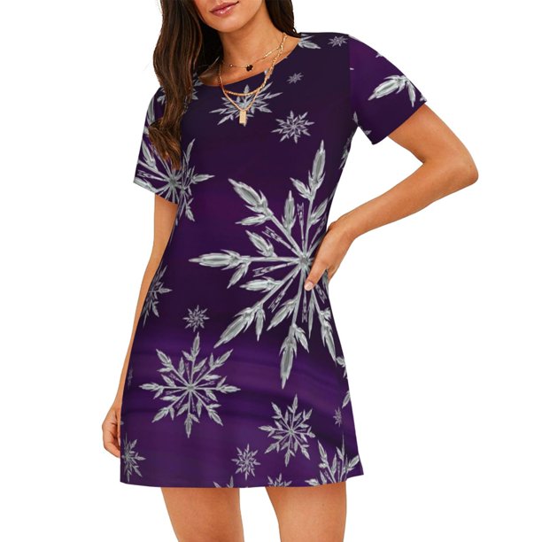 Fotbe Snowflake Gradient Purple Bata de Dormir para Mujer con Estampado, Camisón de Algodón de Manga Corta, Ropa de Dormir Casual