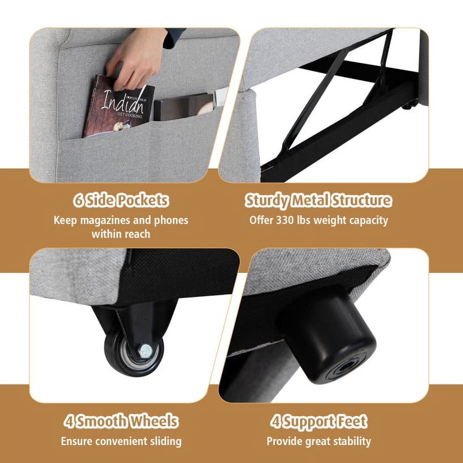 Demi Bonn Sofa Bed, Convertible Recliner Sofa Chair, 3-in-1 Pull-out Convertible Adjustable Reclining Sofa Bed, for Living Room, Bedroom, Gray