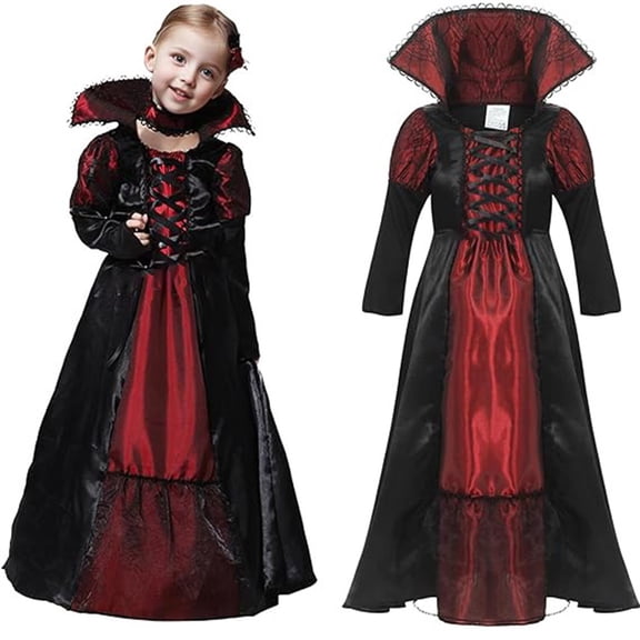 EnJoCho Girls Ro𝗒al 𝖵ampire Dress Halloween Dress Up Outfit - Child 𝖵ampiress Cos-play Role Play Gothic Par𝗍y Dress with Cape
