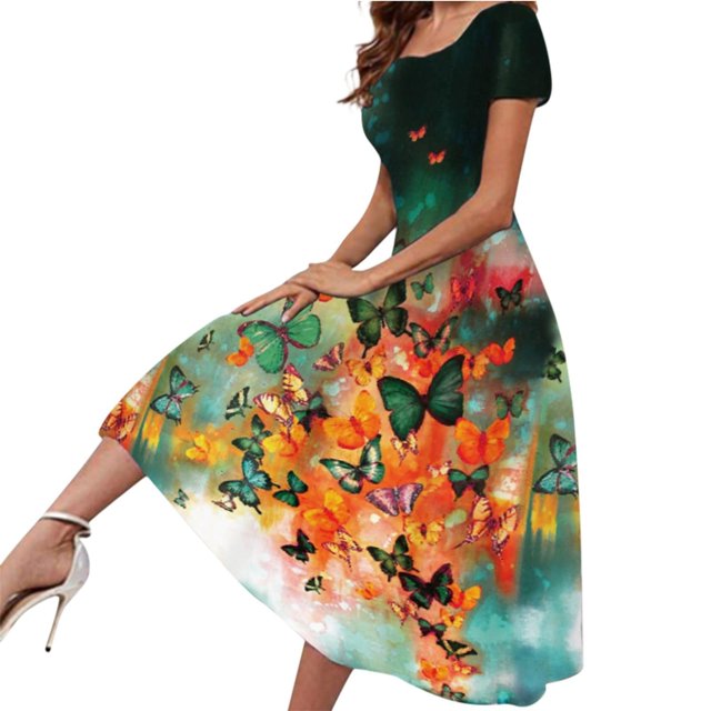 Heliisoer Robe pour Femme, Liquidation Été Robe à Manches Courtes pour Femme Col Rond Décontractée Mode Fête Quotidien Élégante Robe à Imprimé
