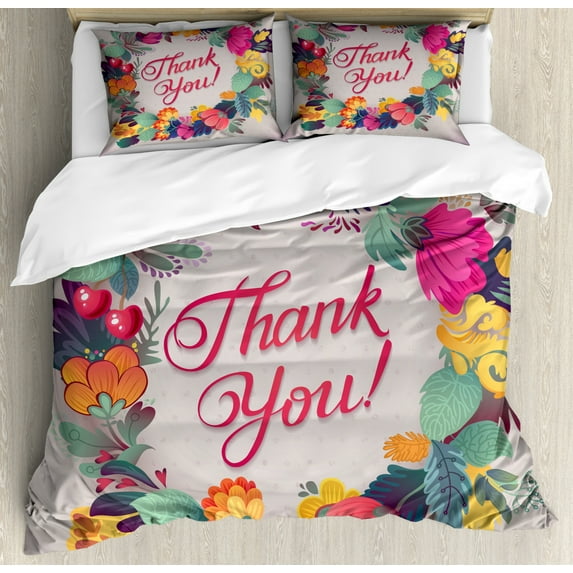 Flower Decor Queen Size Duvet Cover Set, Retro Style Thank You Note with Ceramic made Like Flowers Cherries and Leaves Print, Decorative 3 Piece Bedding Set with 2 Pillow Shams, Multi, by Ambesonne
