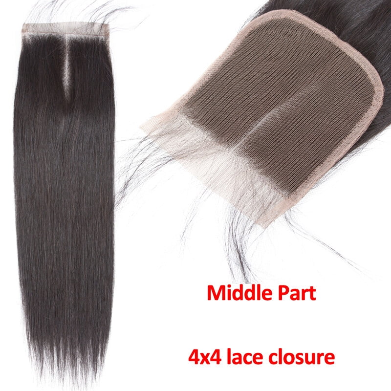 Remy Straight Human Hair 3 Bundles with 4x4 Lace Closure 100g Per Bundle Gross Weight Natural Black Color