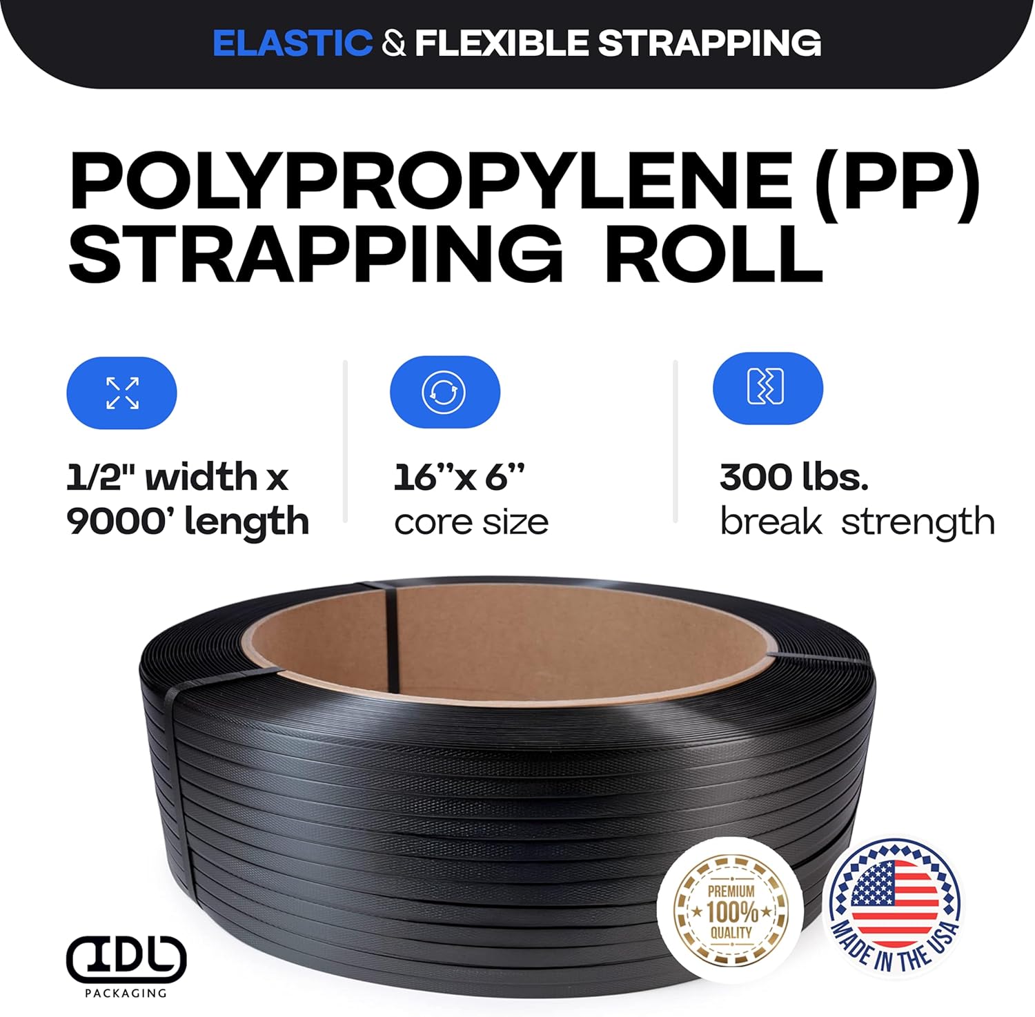 Durapak Supplies 1/2" X 9000 Ft Hand Poly Strapping Coil - 300 Lb Tensile, 16x6 Core - Black