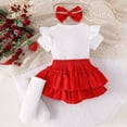 thumbnail image 4 of Kaprioy Baby Girl Outfit Girls Clothes Short Sleeved Fruit Printed Ruffle Sleeve Knitted Romper Bodysuit Short Solid Skirt Pants Suit Bow Headband Stockings Set, 4 of 7