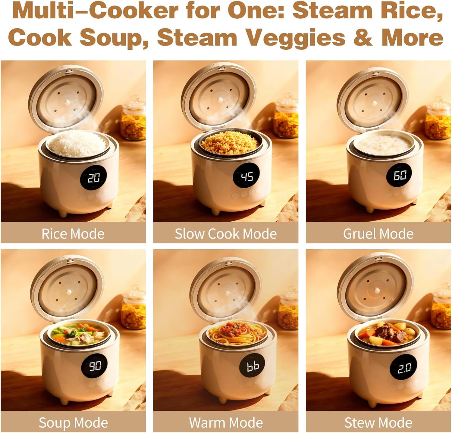 Rice Cooker with Timer for 1-2 People, 2-Cup Uncooked Capacity, 6 Modes for Rice & Oatmeal, Nonstick Pot