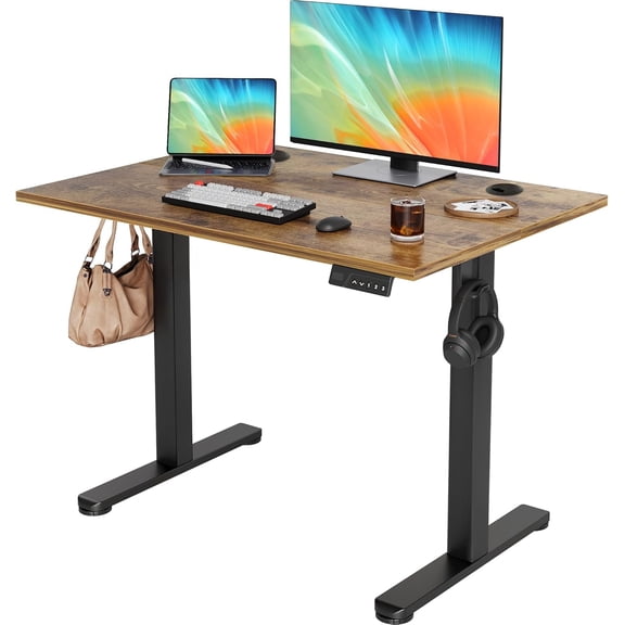 YDN 40 x 24 Inch Rustic Brown Electric Standing Desk | Adjustable Height, Sit Stand, Cable Management, Ergonomic, Home Office