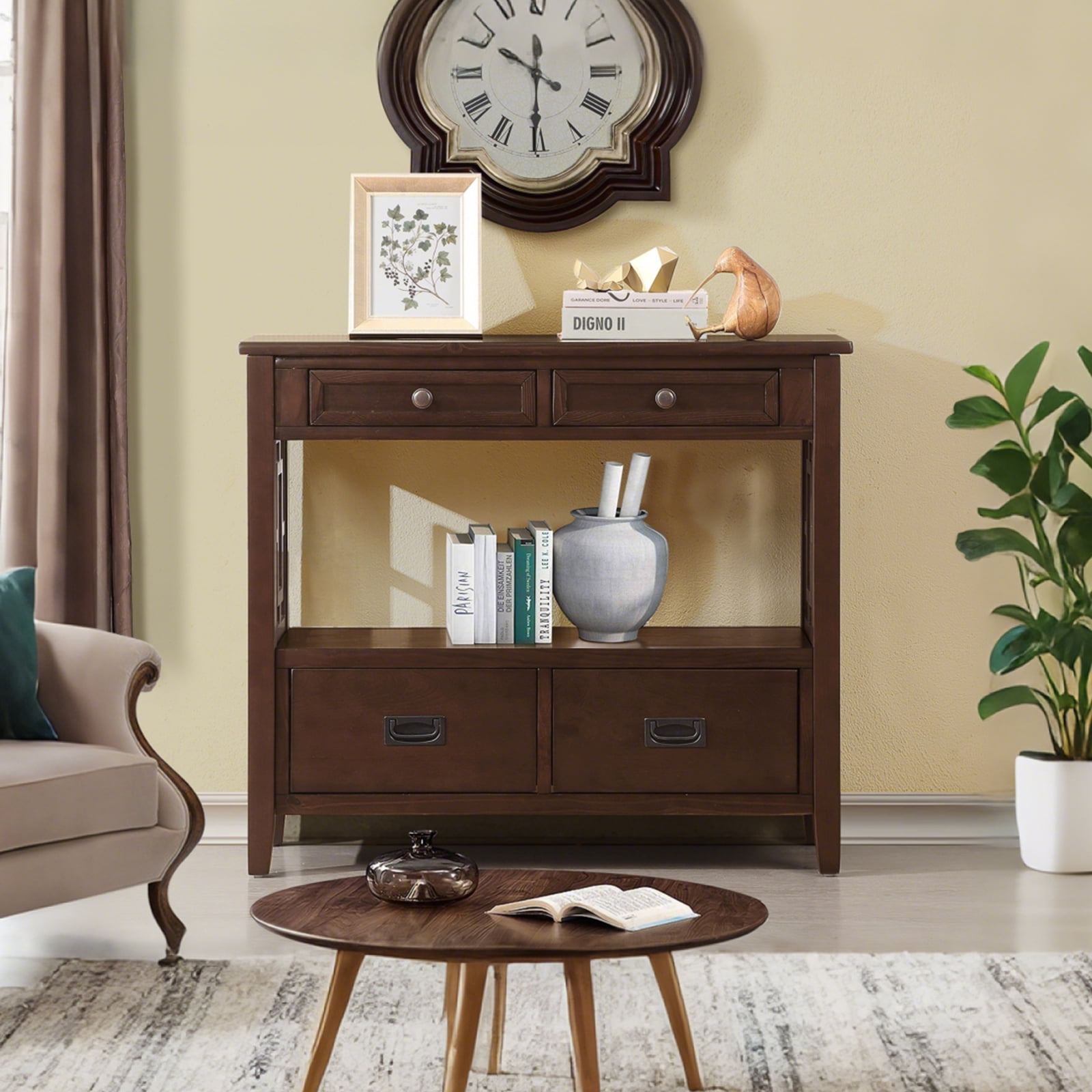 36'' Farmhouse Console Table,Pine Wood Entryway Table with 4 Drawers & 1 Storage Shelf for Entryway Living Room Hallway Kitchen (Espresso)
