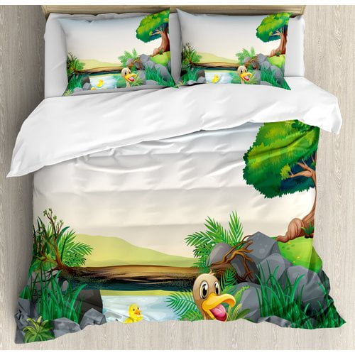 Ambesonne Duck Cartoon Mother And River Kids Fun Farm Animals