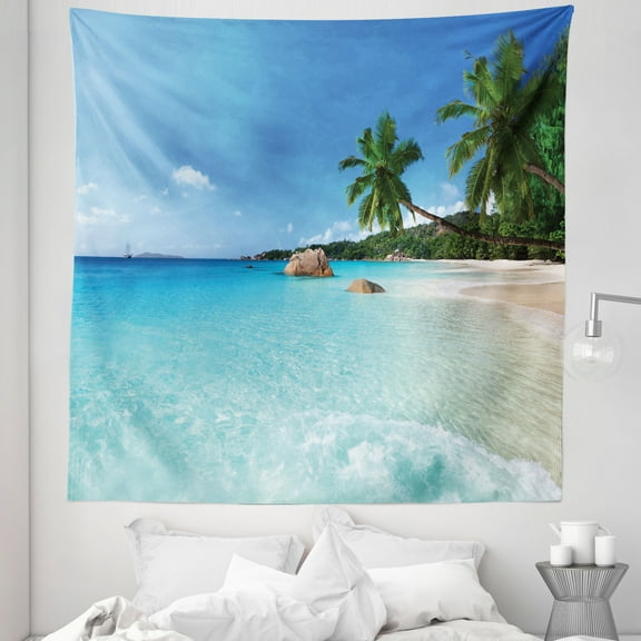 Travel Tapestry, Anse Lazio Beach at Praslin Island Surfing Beach Scenic View Travel, Fabric Wall Hanging Decor for Bedroom Living Room Dorm, 5 Sizes, Turquoise Blue Green, by Ambesonne