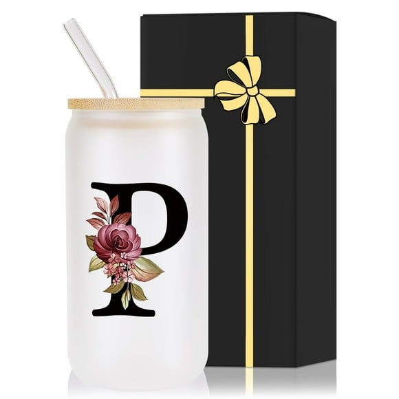 Vaso de vidrio Wulcea con monograma, 500 ml, con tapa y pajita