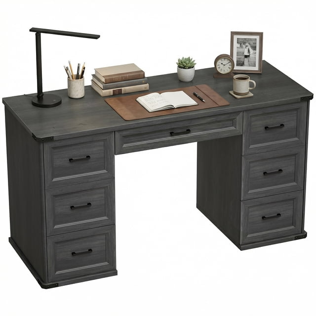 HOMCOM Bureau de Direction Style Ferme de 55 Pouces, avec 7 Tiroirs, Bureau d'Ordinateur, Noir