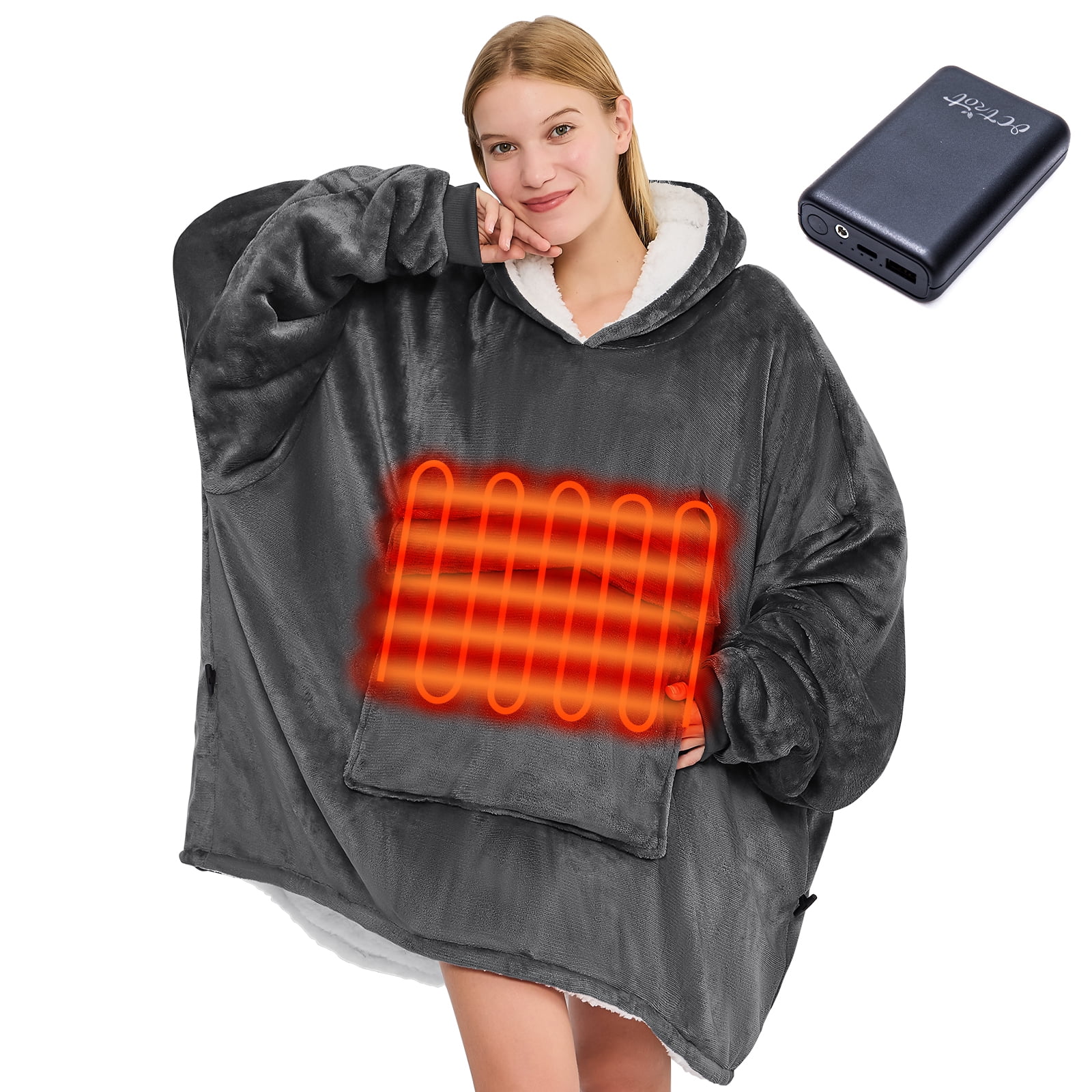 PMONPA Heated Wearable Blanket, Oversized Wearable Heated Blanket for Adult, Sherpa Fleece Blanket Hoodie, One Size, Grey
