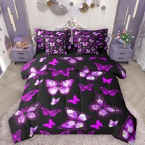 Manfei Girls Purple Butterfly 7-Piece Bedding Comforter Set, Romantic Animal King Bedding Sets, Kawaii Princess Style Reversible Bed Sheets, Microfiber Bedroom Decor