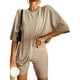 thumbnail image 1 of Conjunto de pijamas con pantalones cortos para mujer, cuello redondo, color puro, alta elasticidad, 2 piezas, ropa de verano, color caqui L, 1 of 2