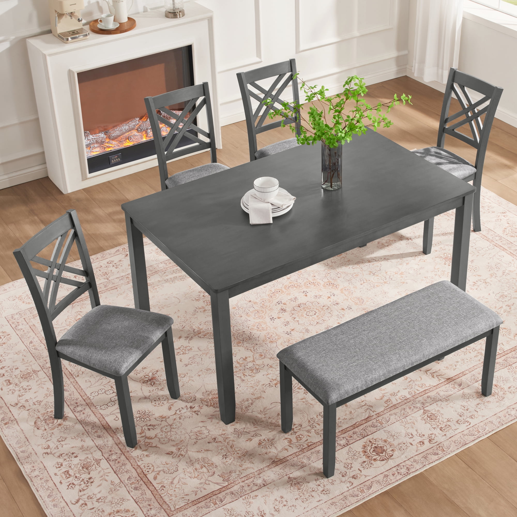 HOQBN 6 PieceKitchen Dining Table Set,Rectangular Wooden Dining Table with 4 Upholstered Chairs and a Bench, Dining Table Set for 6 People, Living Room, Home Bar and Kitchen,Gray