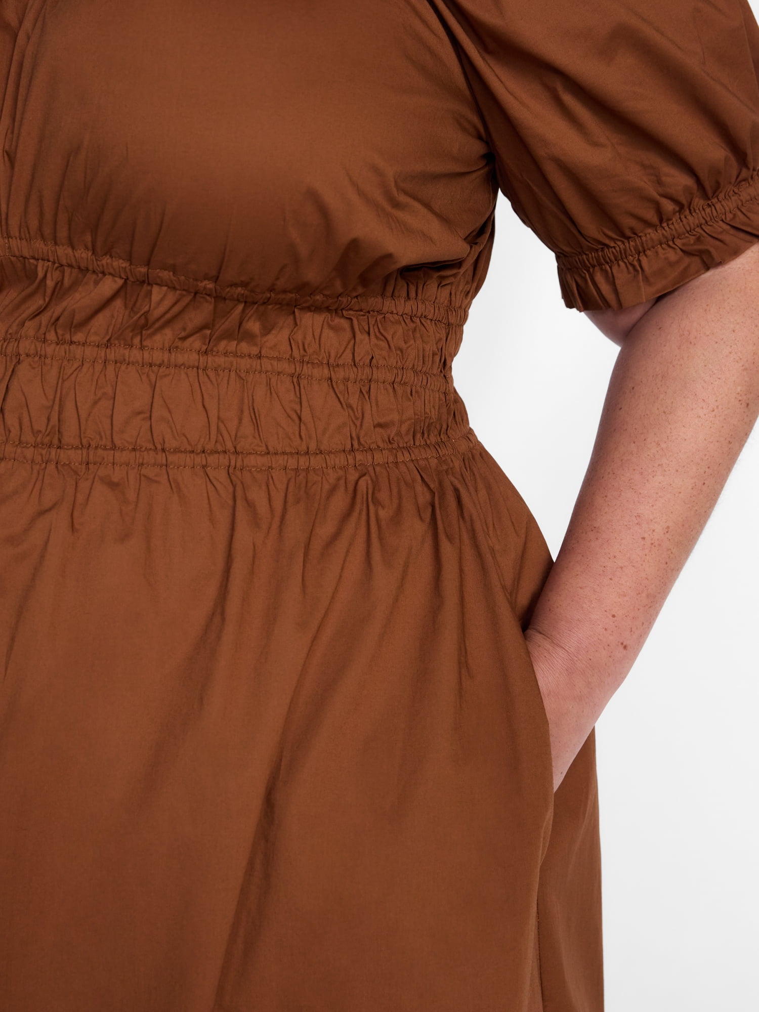 Terra & Sky Women's Plus Smocked Cotton Midi Dress with Short Puff Sleeves, Sizes- 0X-5X
