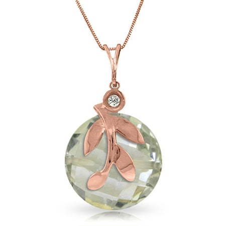 ALARRI 14K Solid Rose Gold Necklace w/ Natural Green Amethyst & Diamond with 18 Inch Chain Length.