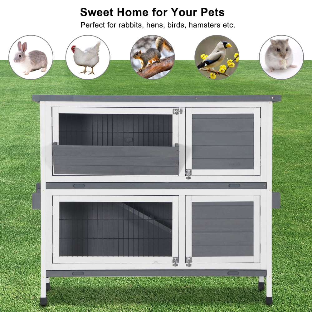 Lowestbest 48" Two Floors Wooden Rabbit Hutch, Chicken Coop House Wooden, Small Animal Cage with Ramp and Tray, White&Gray Lowestbest 48" Two Floors Wooden Rabbit Hutch, Chicken Coop House Wooden, Small Animal Cage with Ramp and Tray, White&Gray